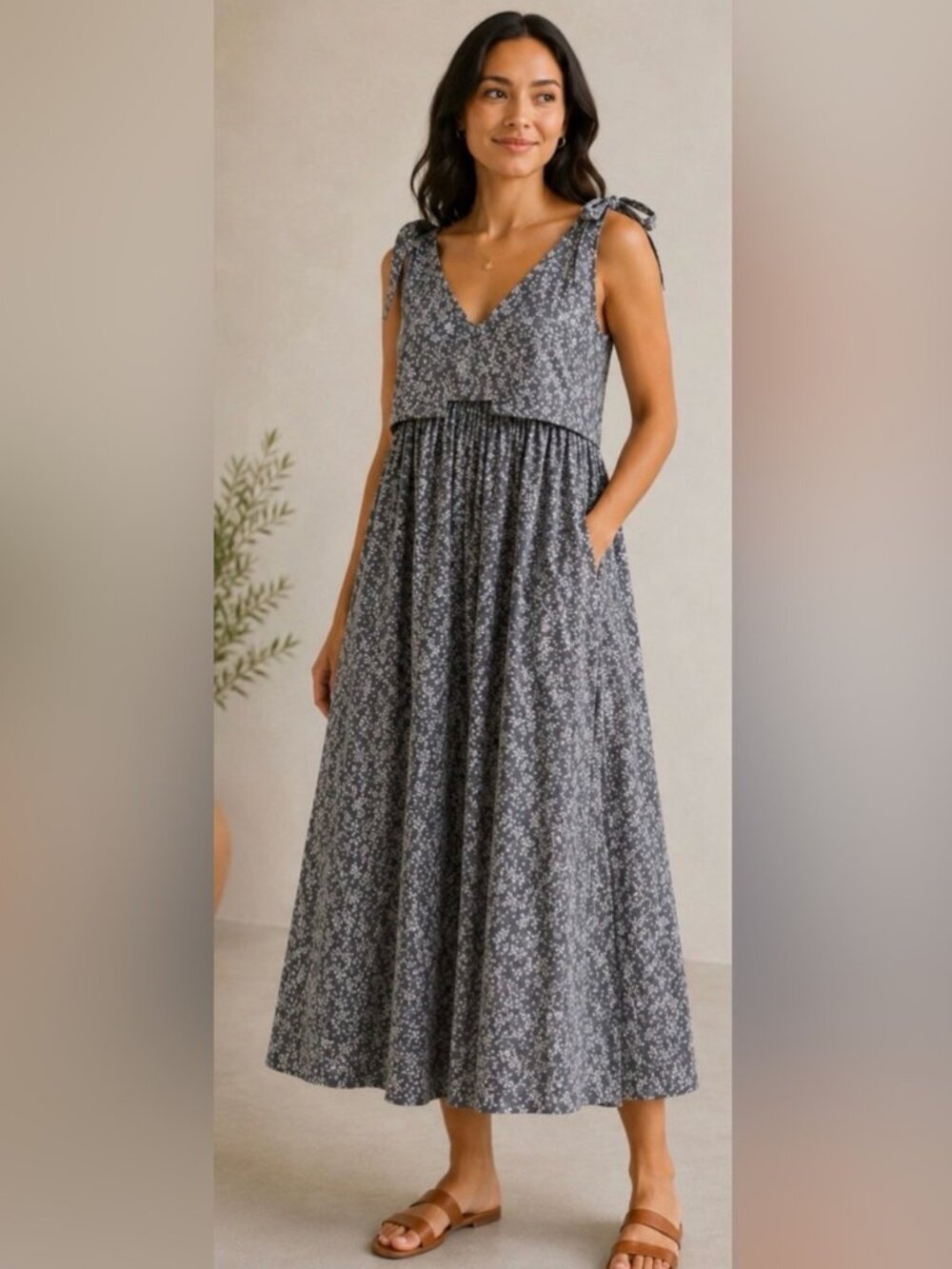 NWOT MIRTH Handmade Cotton Silk Floral Dress Grey w/white floral block-print - M